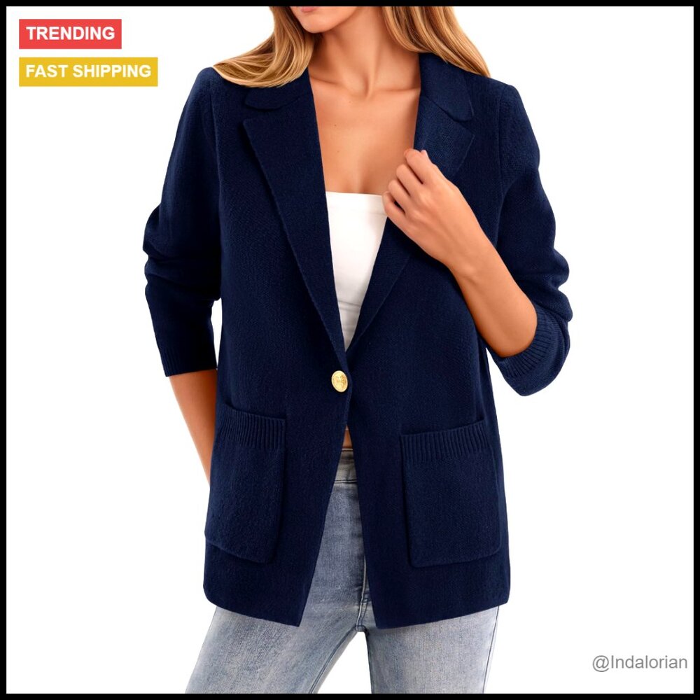 Casual Knit Blazer Open Front Long Sleeve Slim Fit Office Chic Minimal